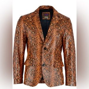 Men Fashion Real Leather Python Snake Cobra Textured Blazer Jacket Two Button